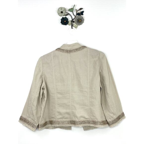 Chico’s Size 1 Women’s 8/M Linen Jacket Metallic Bead Trim Khaki Raw Hem - Picture 5 of 10